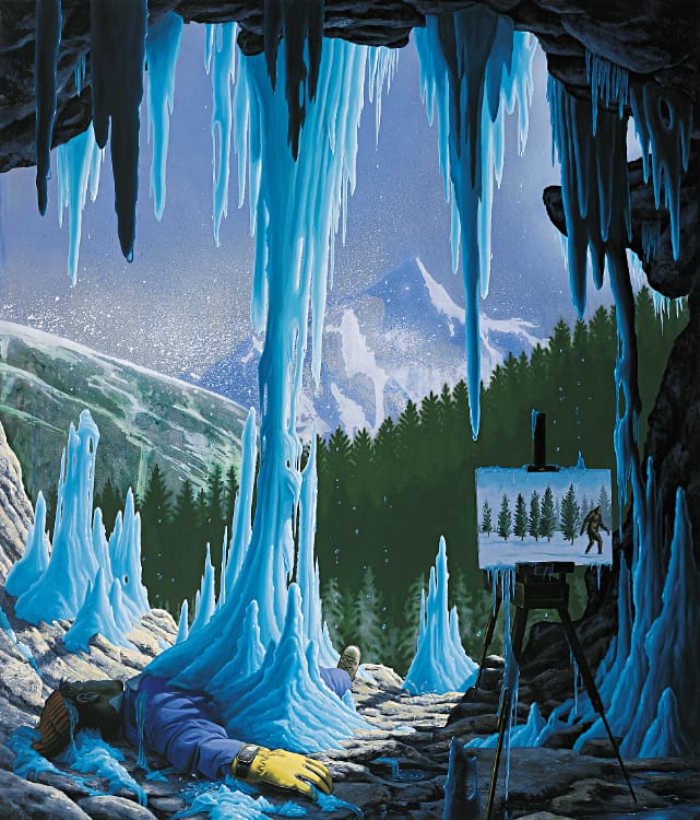 Alexis Rockman, The Cave, 2001, acrylic and oil on wood, 84 x 72 inches