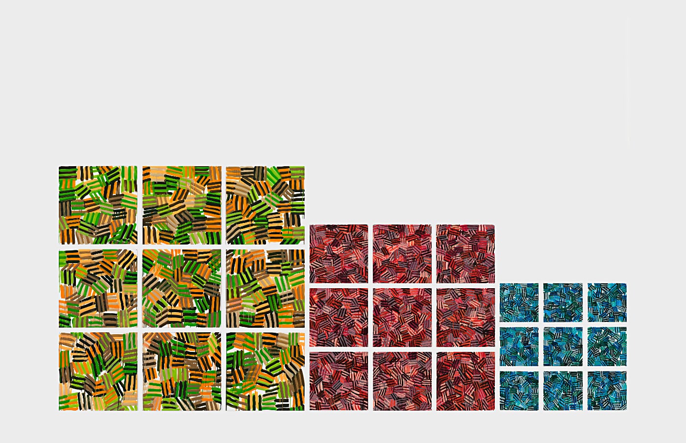 Jennifer Bartlett, Recitative, 2009-10. Enamel over silkscreen grid on baked enamel steel plates