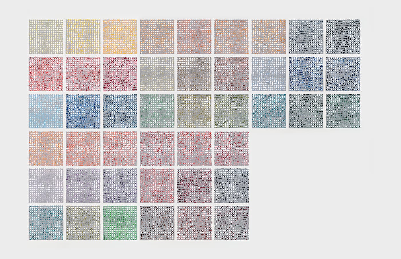 Jennifer Bartlett, Recitative, 2009-10. Enamel over silkscreen grid on baked enamel steel plates