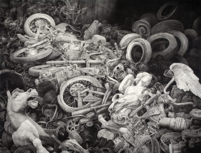 Joseph Stashkevetch, A Beautiful Fall, 2013, Conté crayon on rag paper mounted on birch panels, 105 x 135 inches. Denver Art Museum, Denver, CO.