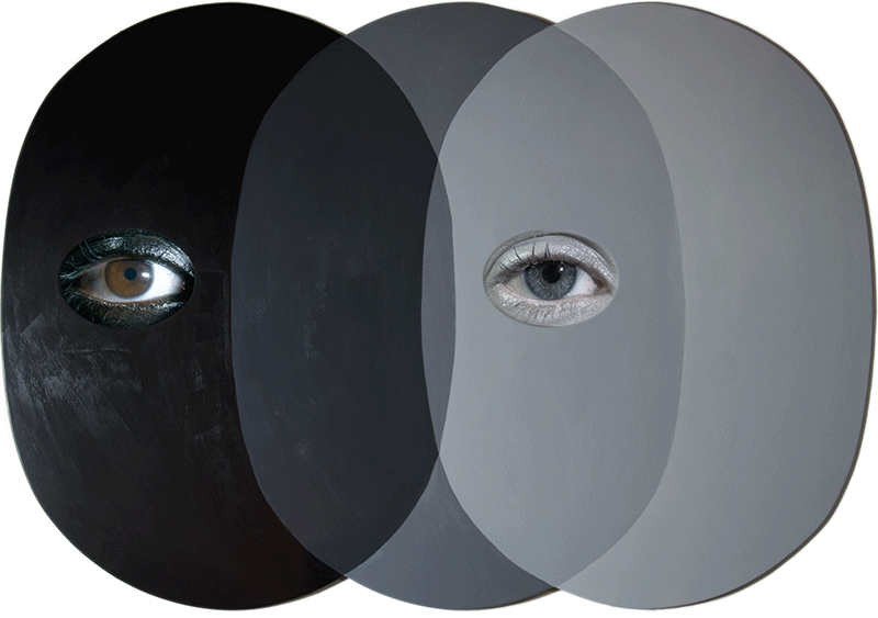 Tony Oursler, Grai- Grei, 2014, aluminum, acrylic paint, and two LCD screens, 34 x 48-1⁄2 x 2 inches