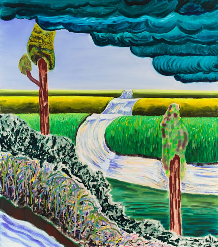 Shara Hughes, Rolling With It, 2016, oil, acrylic, and spray paint on canvas, 68 x 60 inches