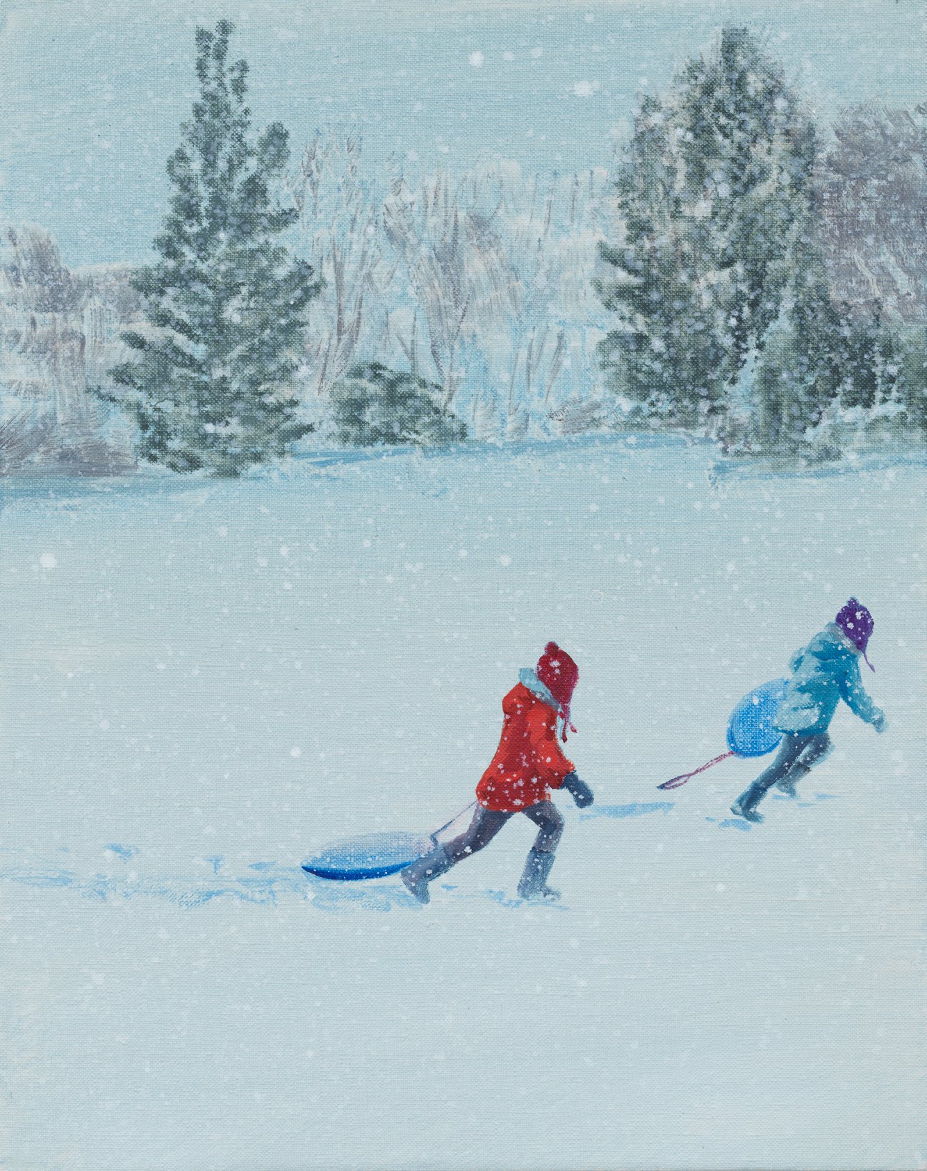 Sebastian Blanck, Running in the snow, 2017, oil on linen, 10 x 8 inches