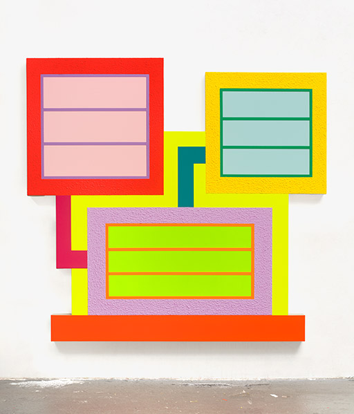 Peter Halley, View From The Past, 2020, acrylic, fluorescent acrylic and Roll-a-Tex on canvas, 74-1/2 x 70-1/2 in.