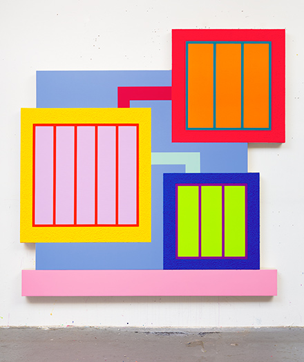 Peter Halley, Purity Falls, 2019, acrylic, fluorescent acrylic and Roll-a-Tex on canvas, 77-1⁄2 x 77 in.