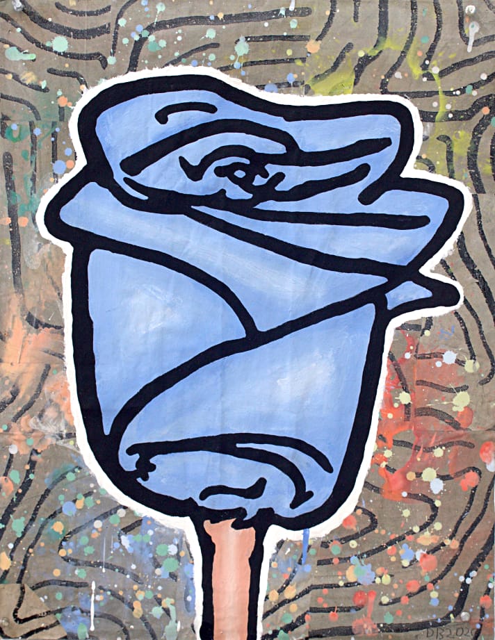 Donald Baechler, Blue Rose, 2020, acrylic gesso, Flashe and paper collage on paper, 27 x 21 inches