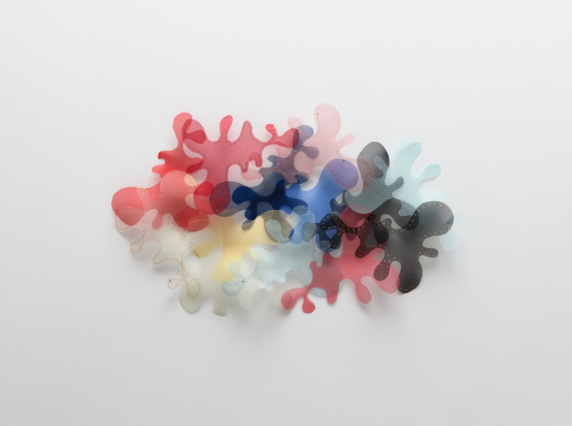 George Stoll, Untitled (camouflage: 4 blues, 2 greens, 2 pinks, 2 blacks, red, orange and yellow with pink, lavender, yellow, green and blue thread), 2021, silk organza, PVA sizing, silk thread and steel pins mounted on 8 ply museum board, 24 x 32 x 1-3/8 inches