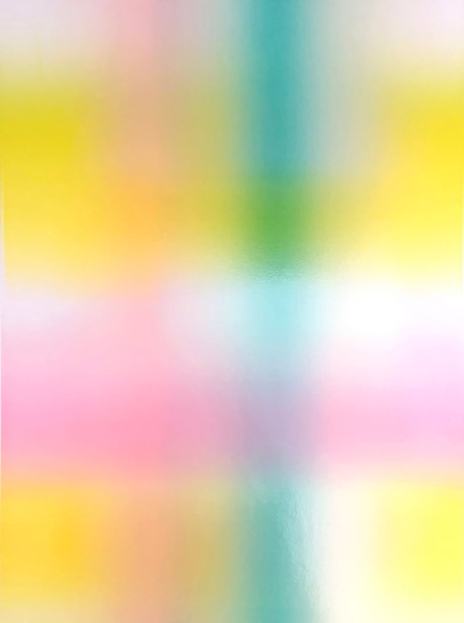 Peter Coffin, Untitled (Intersections), 2021.
Lithographic monoprint, oil and rubber-based ink on coated cardstock, 35 x 23 inches, unique