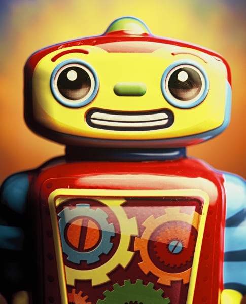 Andres Serrano, Schylling Cosmo Robot (The Robots), 2022. Pigment print back mounted on Dibond, 40 × 32-1/2 inches. Copyright Andres Serrano.