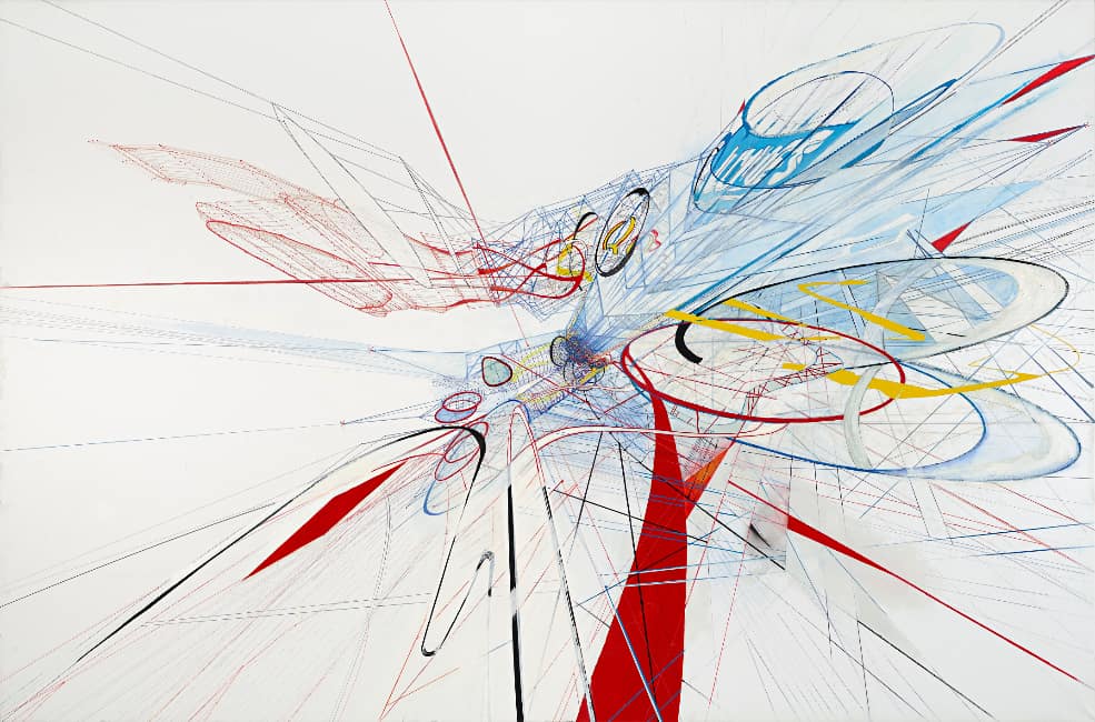 E.V. Day, Velocity I (JJ Zoom), 2024. Mixed media on canvas, 60 × 90 inches