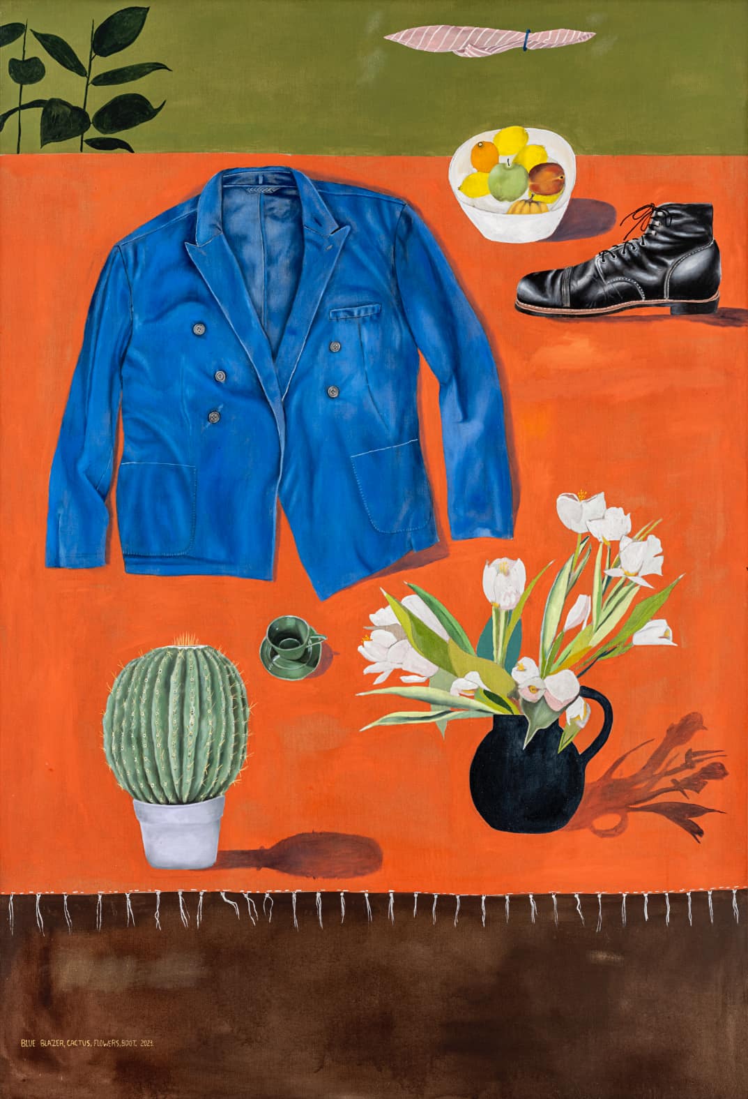 Michael Hilsman, Blue Blazer, Cactus, Flowers, Boot, 2023. Oil on linen, 88 × 58 inches. © Michael Hilsman/Photo: Joshua White