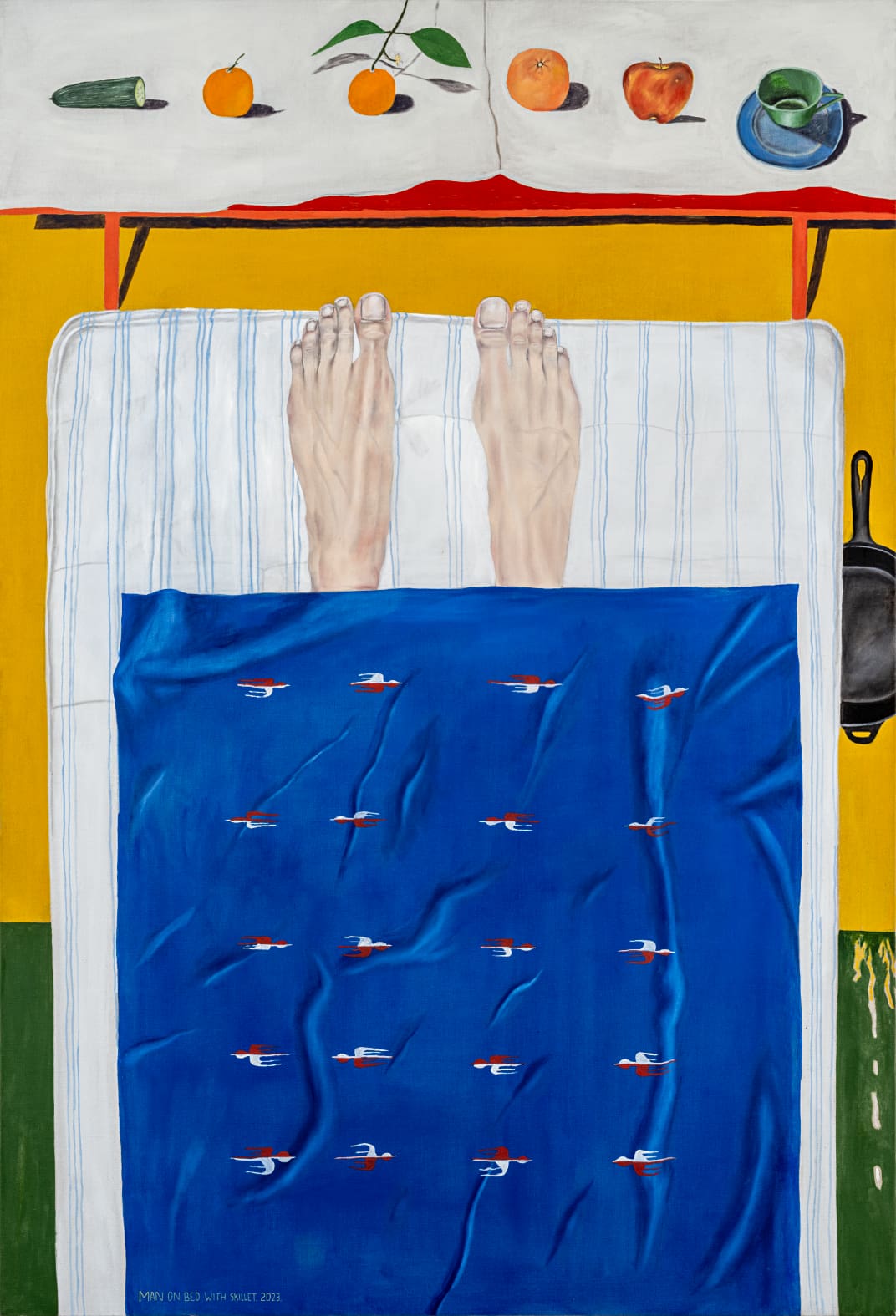 Michael Hilsman, Man On Bed With Skillet, 2023. Oil on linen, 88 × 58 inches. © Michael Hilsman/Photo: Joshua White