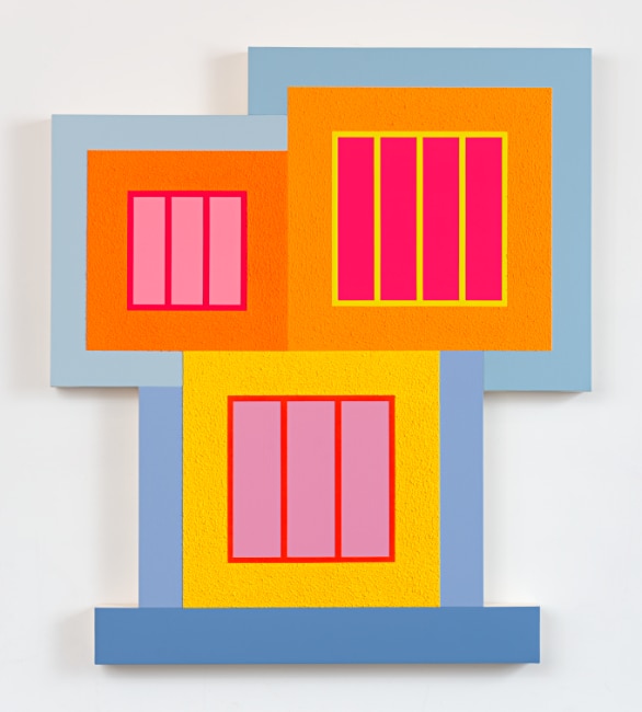 Peter Halley, A Crossroad's Story, 2023. Acrylic, fluorescent acrylic, and Roll-a-Tex on canvas, 77 × 67-1/2 inches