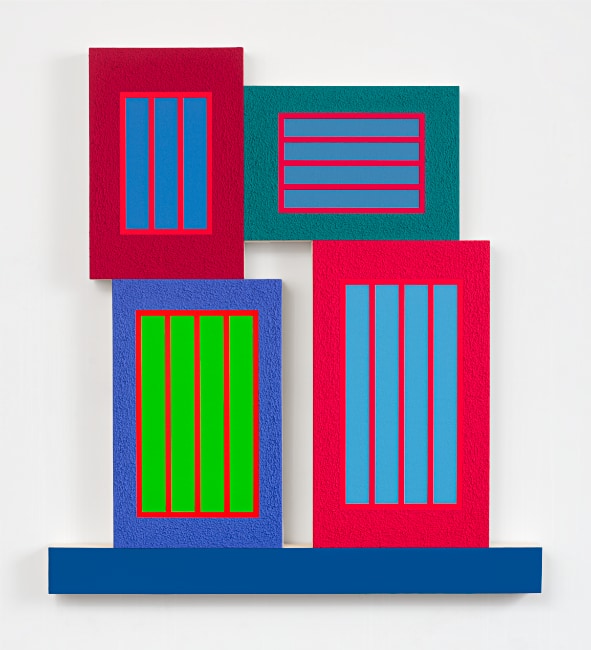 Peter Halley, Boon, 2022. Acrylic, fluorescent acrylic, and Roll-a-Tex on canvas, 71 × 64-1/2 inches