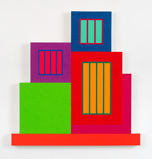 Peter Halley, Swan Song, 2022. Acrylic, fluorescent acrylic, and Roll-a-Tex on canvas, 73-1/2 × 70-1/2 inches