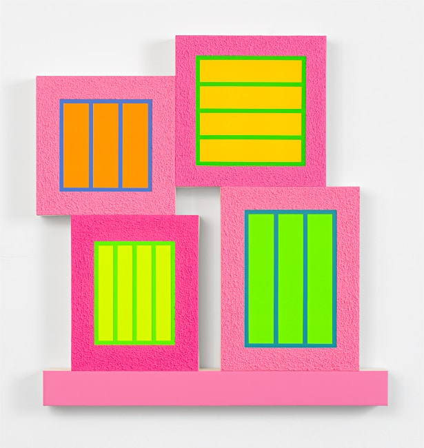 Peter Halley, The Union, 2024. Acrylic, fluorescent acrylic, and Roll-a-Tex on canvas, 64 × 61 inches