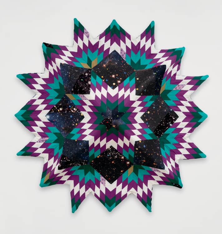 Sanford Biggers, Sextant, 2024. Antique quilt, assorted textiles, and mixed media, 63-1/2 × 63-1/2 × 12 inches