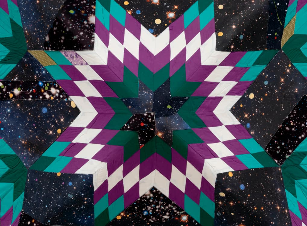 Sanford Biggers, Sextant, 2024. Antique quilt, assorted textiles, and mixed media, 63-1/2 × 63-1/2 × 12 inches