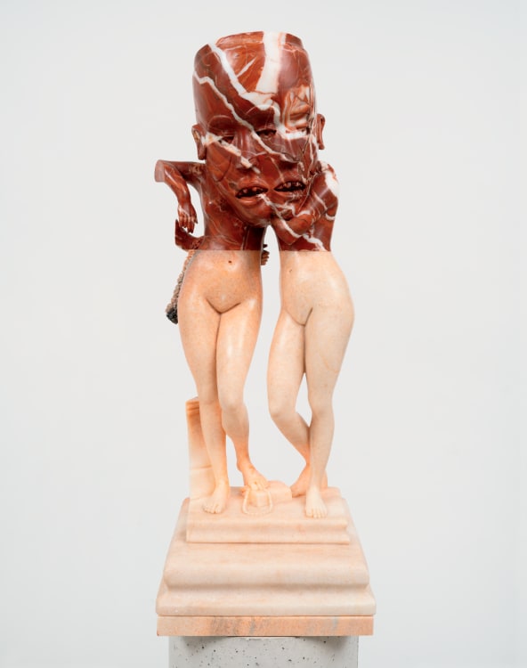 Sanford Biggers, Ventriloquy (Self-Portrait), 2024. Marble, 29-1/4 × 11 × 12 inches