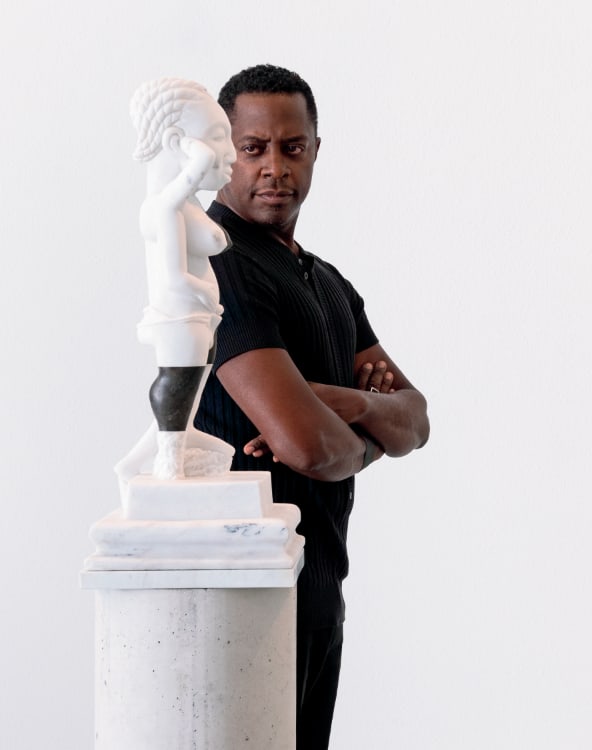 Sanford Biggers with Venusian Lullaby, 2024. Marble, 26-3/8 × 11 × 11 inches