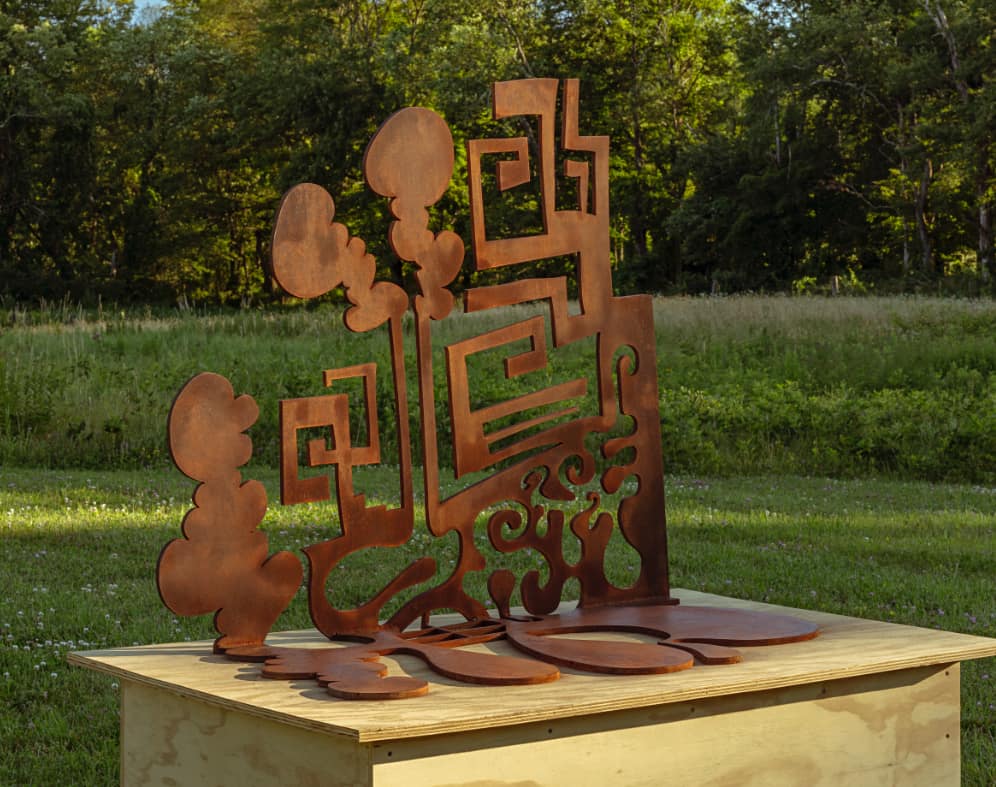 Carroll Dunham, Sculpture Five, 2024. Half-inch steel on wood base, 44-3/8 × 37-3/4 × 48-3/4 inches. Edition of 3, 1 AP.