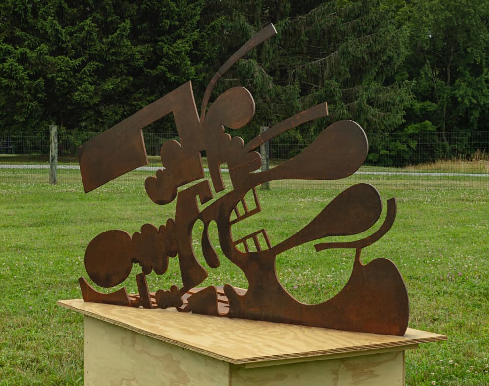 Carroll Dunham, Sculpture Four, 2024. Half-inch steel on wood base, 52-1/8 × 30-1/4 × 70-1/2 inches. Edition of 3, 1 AP.