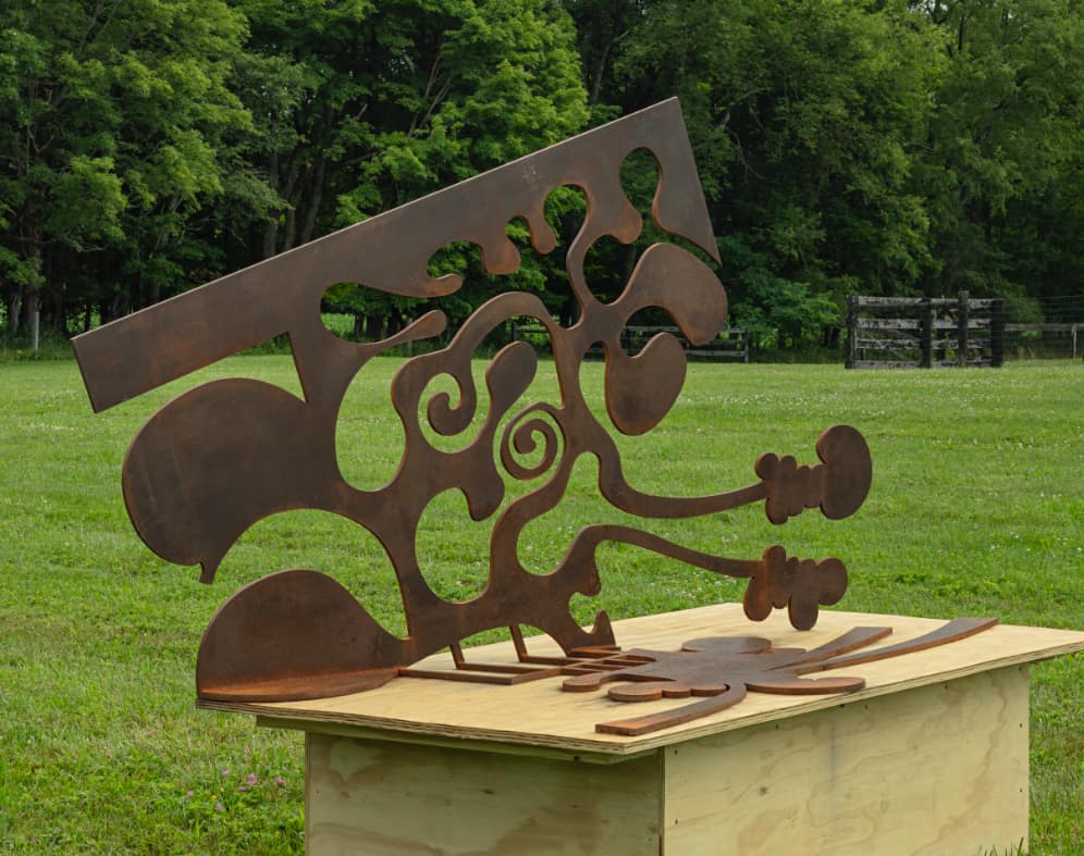 Carroll Dunham, Sculpture Three, 2024. Half-inch steel on wood base, 46-3/4 × 36-3/4 × 80-3/4 inches. Edition of 3, 1 AP.