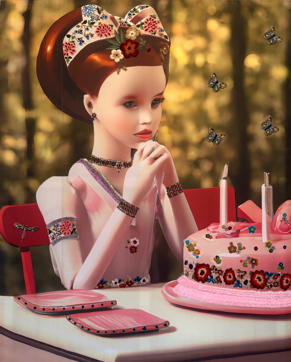 Laurie Simmons, Autofiction: Birthday Party in the Woods (Embellished), 2025. Pigment print on silk, cotton thread, glass beads, acrylic paint, 60 × 48 inches