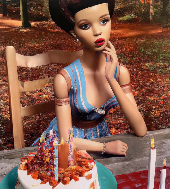 Laurie Simmons, Autofiction: Birthday Party in the Woods II, 2025. Pigment print on linen, acrylic, embellishments, 60 × 54 inches