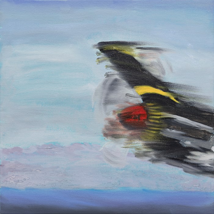 Gary Simmons, Yellow Band Fighter, 2025. Oil on linen, 20 × 20-1/4 inches