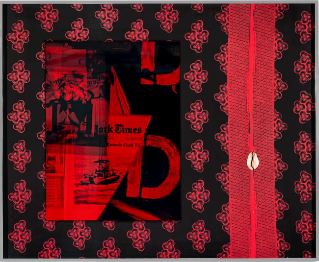 Lyle Ashton Harris, Kennedy Crash #1, 2019. Unique assemblage (Dye sublimation print, Ghanaian fabric, and artist's ephemera), 40-5/8 × 49-3/4 × 2-1/2 inches, framed