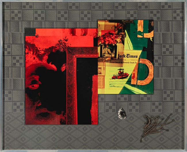 Lyle Ashton Harris, Kennedy Crash #2, 2020. Unique assemblage (Two dye sublimation prints, Ghanaian fabric, and artist's ephemera), 40-5/8 × 49-3/4 inches