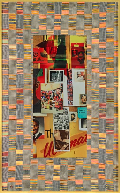Lyle Ashton Harris, Oracle, 2020. Unique assemblage (Two dye sublimation prints, Kente cloth, and artist's ephemera), 75-1/4 × 46-3/4 × 3 inches, framed